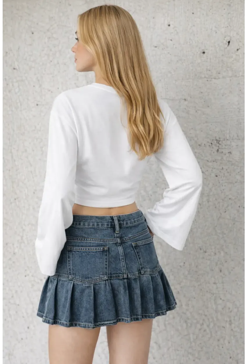 Geniş Kol Crop Bluz Beyaz