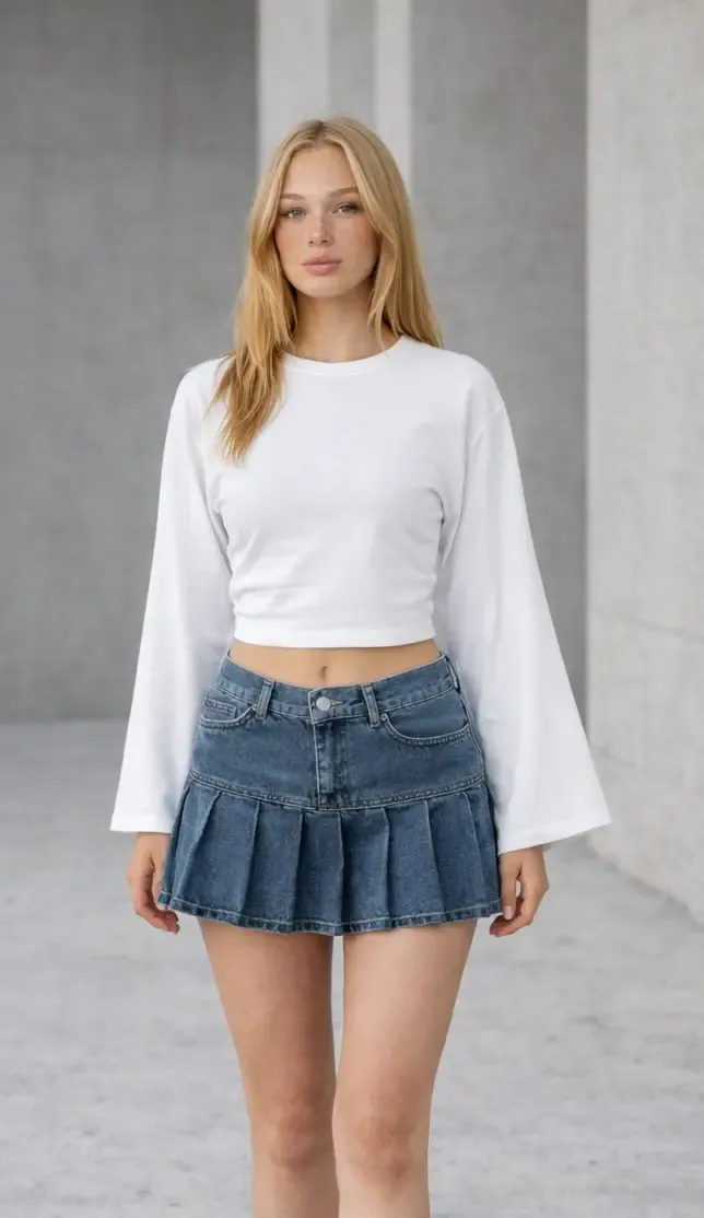 Geniş Kol Crop Bluz Beyaz