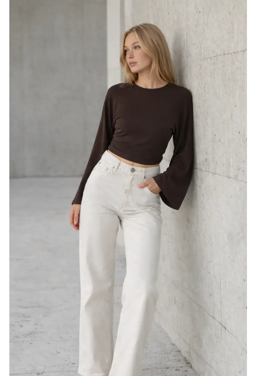 Geniş Kol Crop Bluz Kahverengi