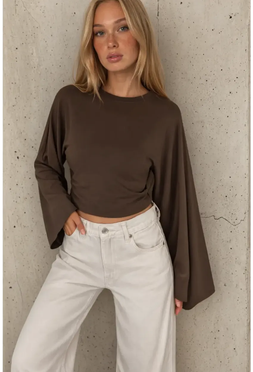Geniş Kol Crop Bluz Kahverengi