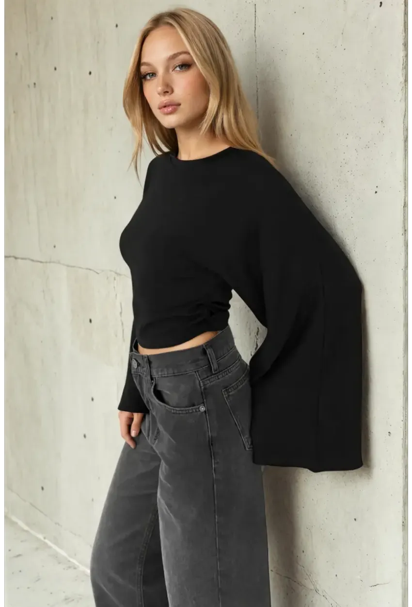 Geniş Kol Crop Bluz Siyah