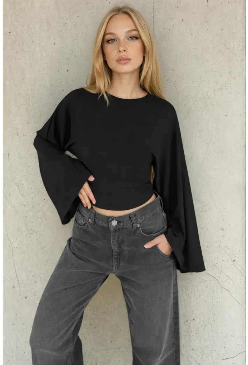 Geniş Kol Crop Bluz Siyah