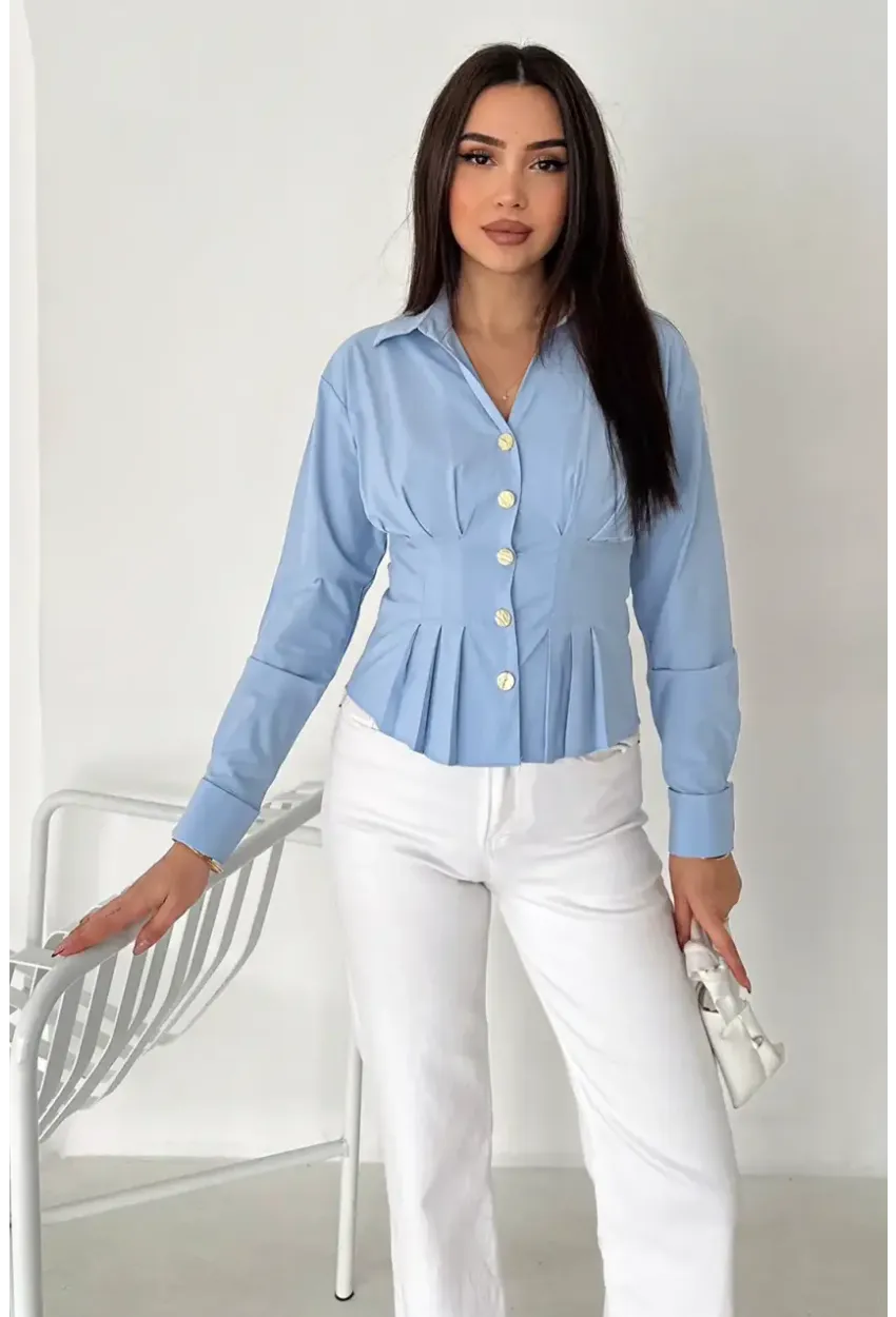 Gold Düğme Pile Detaylı Gömlek Mavi