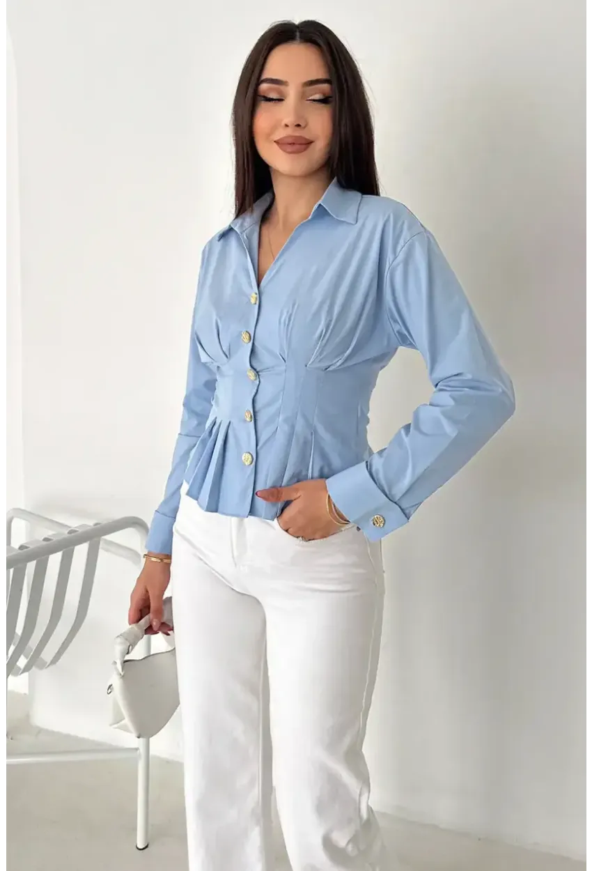 Gold Düğme Pile Detaylı Gömlek Mavi