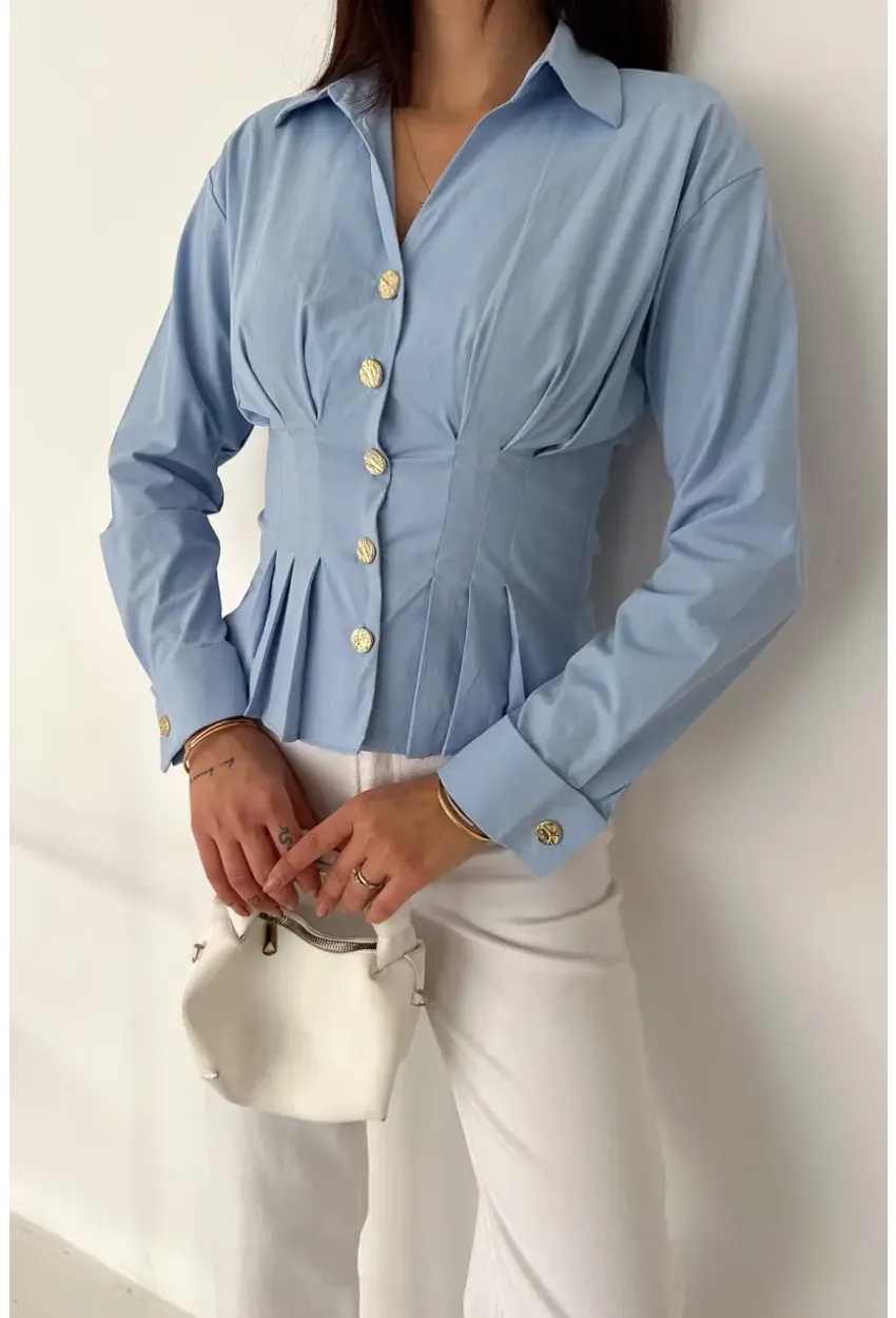Gold Düğme Pile Detaylı Gömlek Mavi