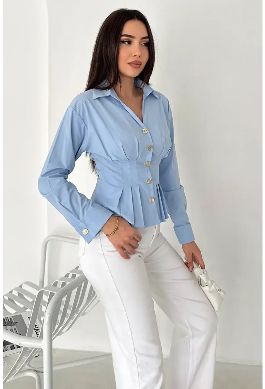Gold Düğme Pile Detaylı Gömlek Mavi