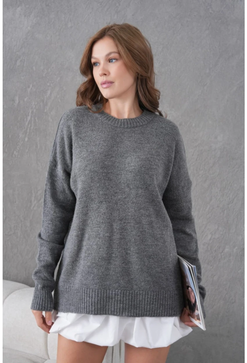 Gri Yumuşak Dokulu Uzun Kollu Triko Kazak
