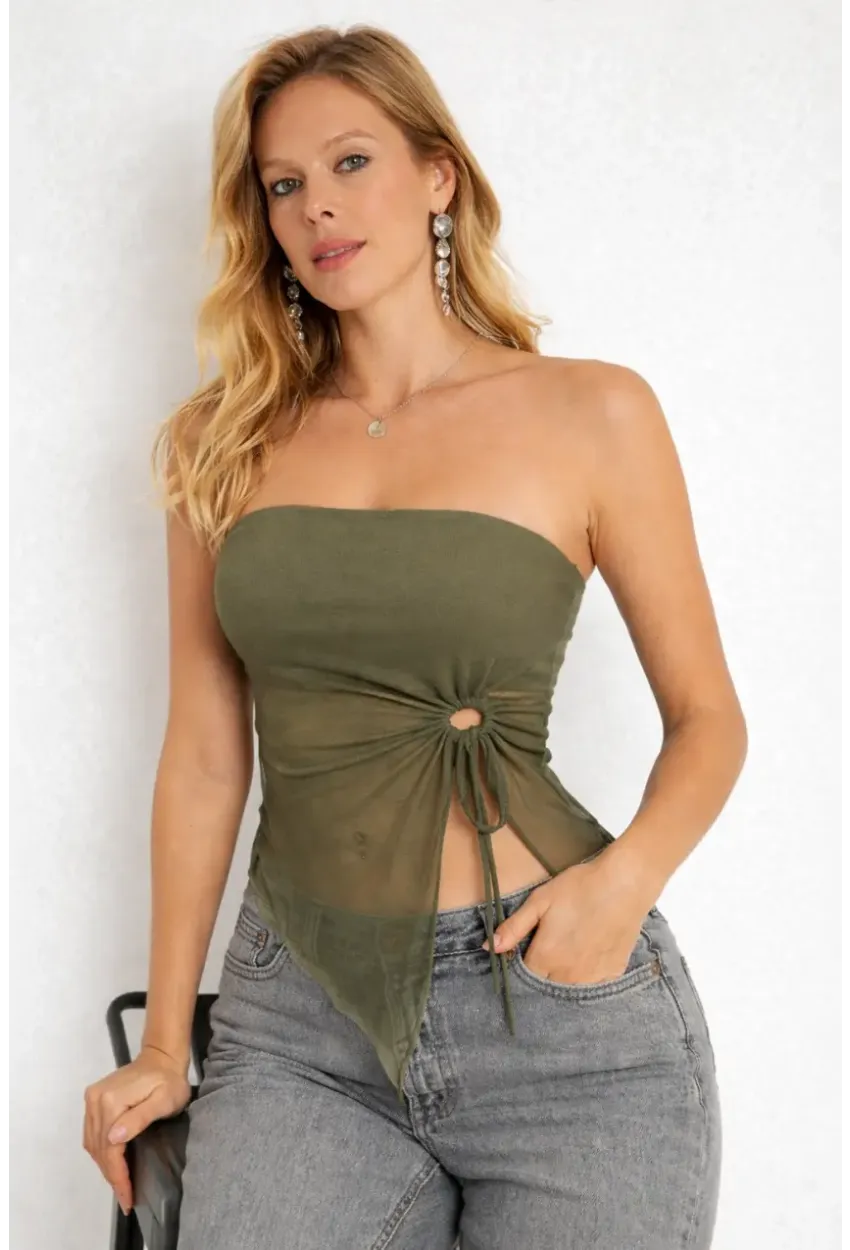Haki Straplez Tül Detaylı Büzgülü Crop Bluz