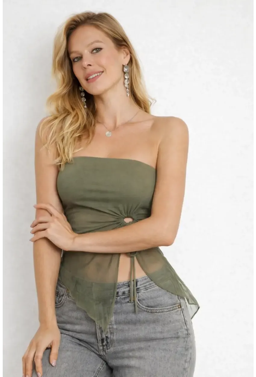 Haki Straplez Tül Detaylı Büzgülü Crop Bluz