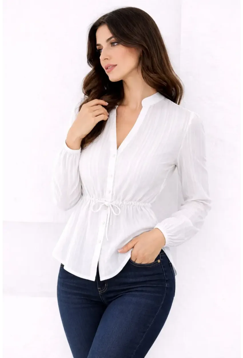 Hakim Yaka V Düğmeli Bluz Beyaz