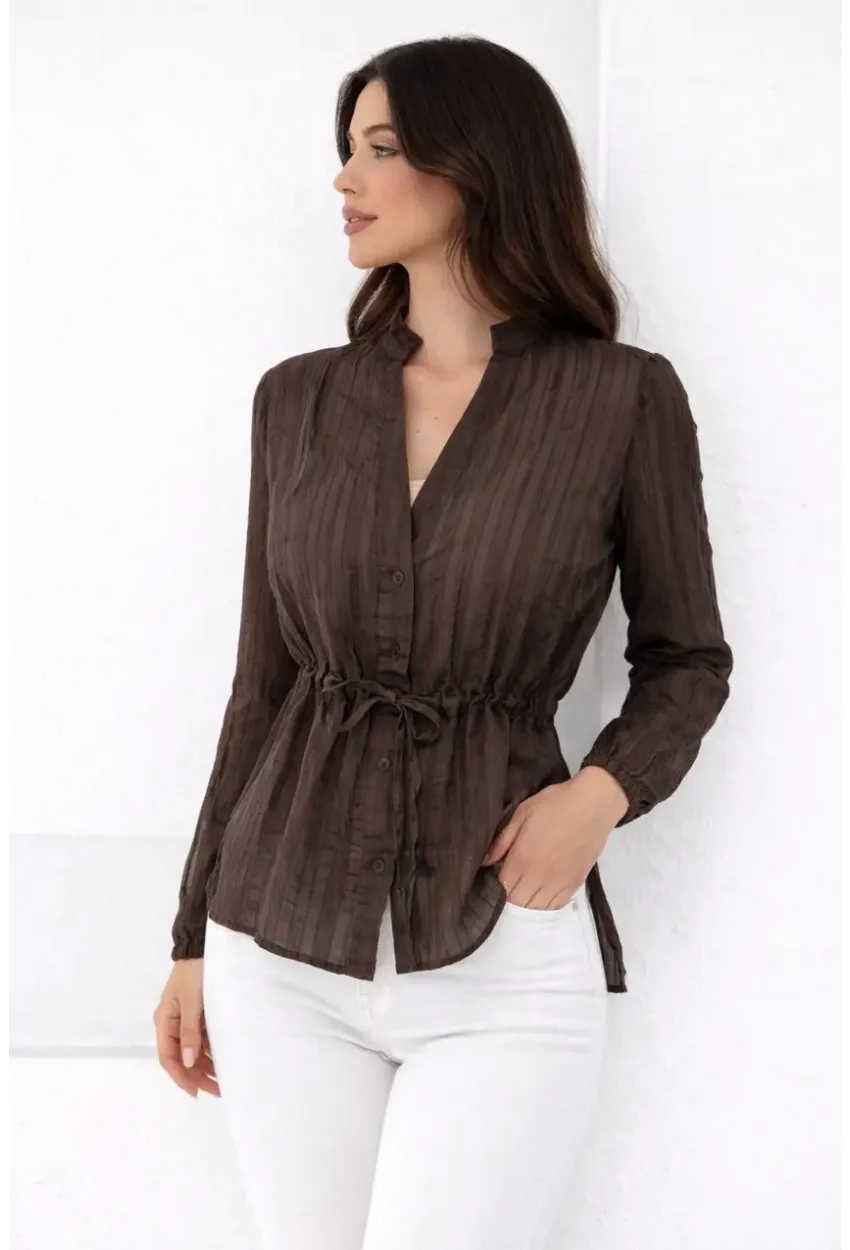 Hakim Yaka V Düğmeli Bluz Kahverengi