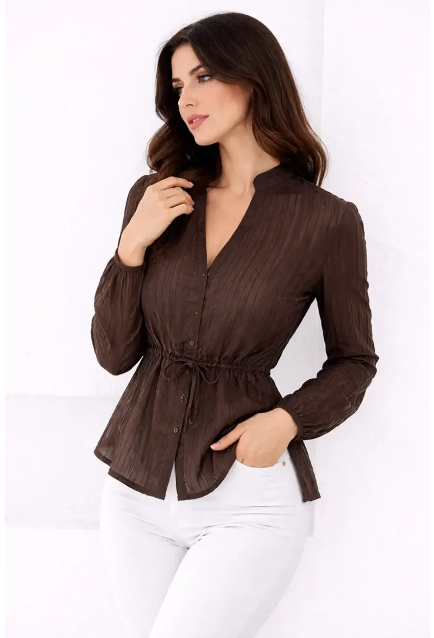 Hakim Yaka V Düğmeli Bluz Kahverengi