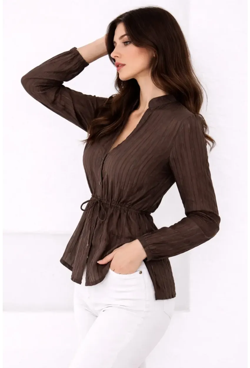 Hakim Yaka V Düğmeli Bluz Kahverengi