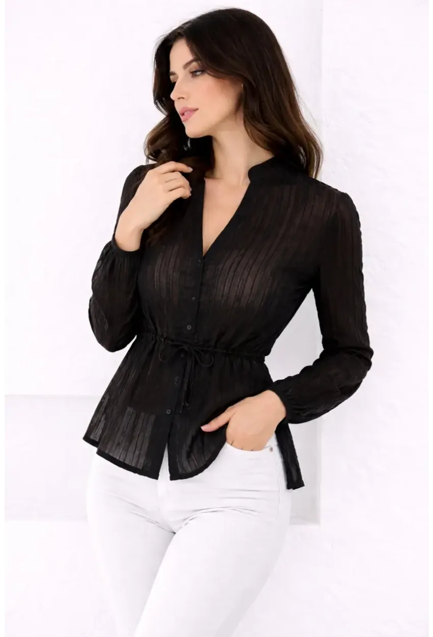 Hakim Yaka V Düğmeli Bluz Siyah