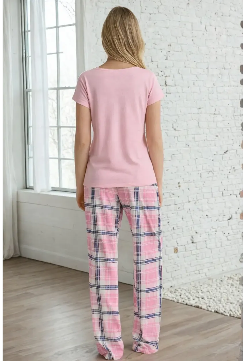 Happy Baskılı Ekose Alt Kadın Pijama Takımı – Pembe Rahat Seri