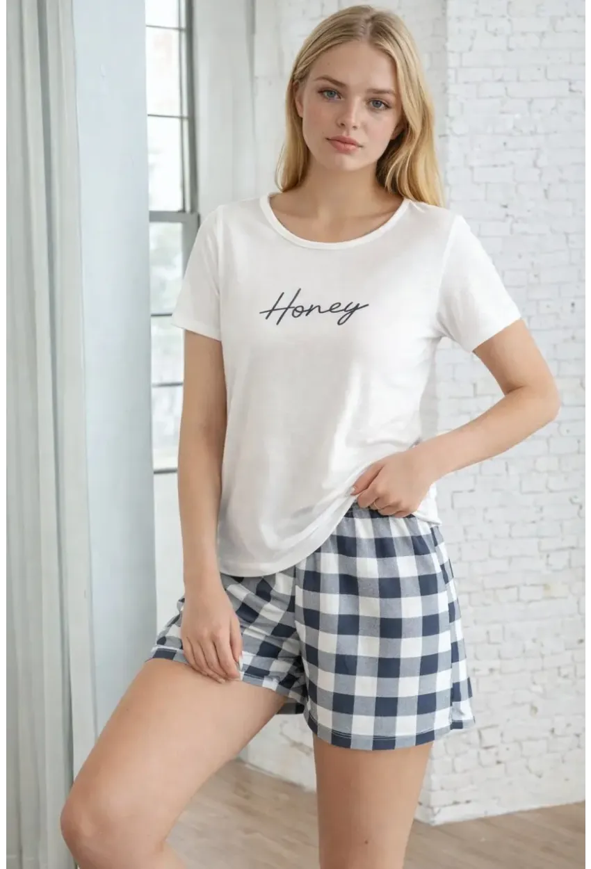 Honey Baskılı Ekose Şortlu Kadın Pijama Takımı