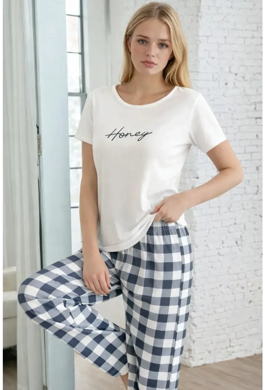Honey Baskılı Ekose Uzun Alt Kadın Pijama Takımı – Lacivert Rahat Seri