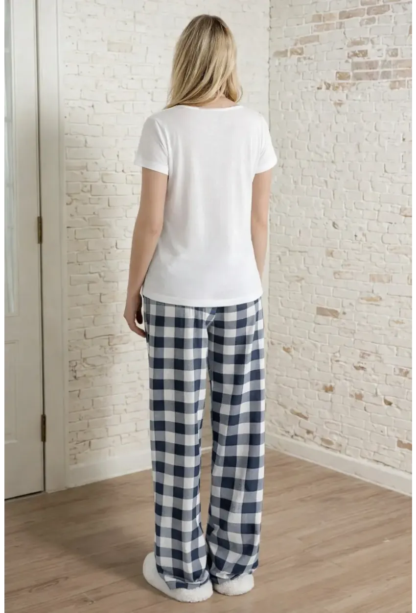 Honey Baskılı Ekose Uzun Alt Kadın Pijama Takımı – Lacivert Rahat Seri