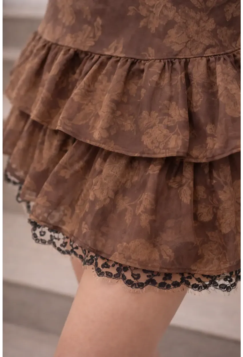 Jakar Desenli Kat Kat Volanlı Dantel Detay Mini Etek