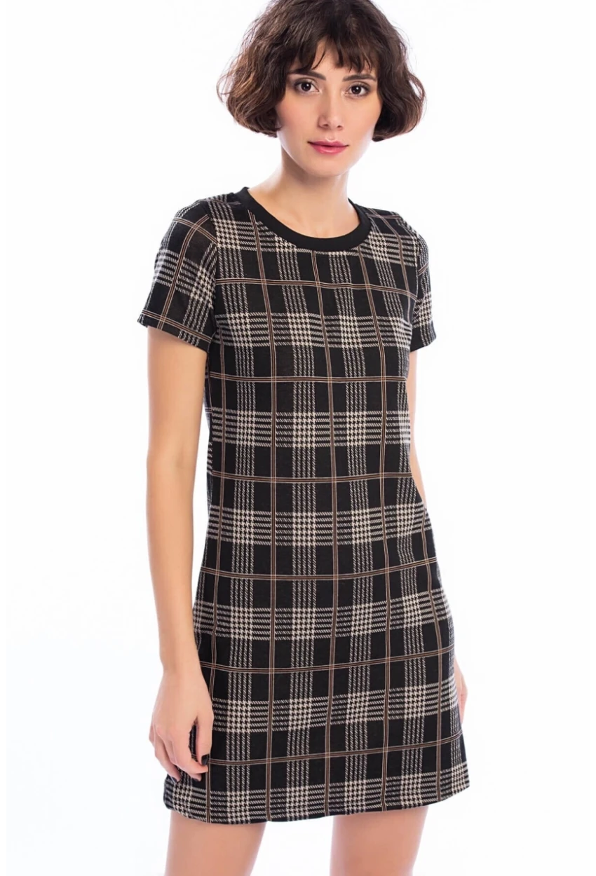 Jakarlı Ekose Desenli Sırtı Fermuarlı Elbise