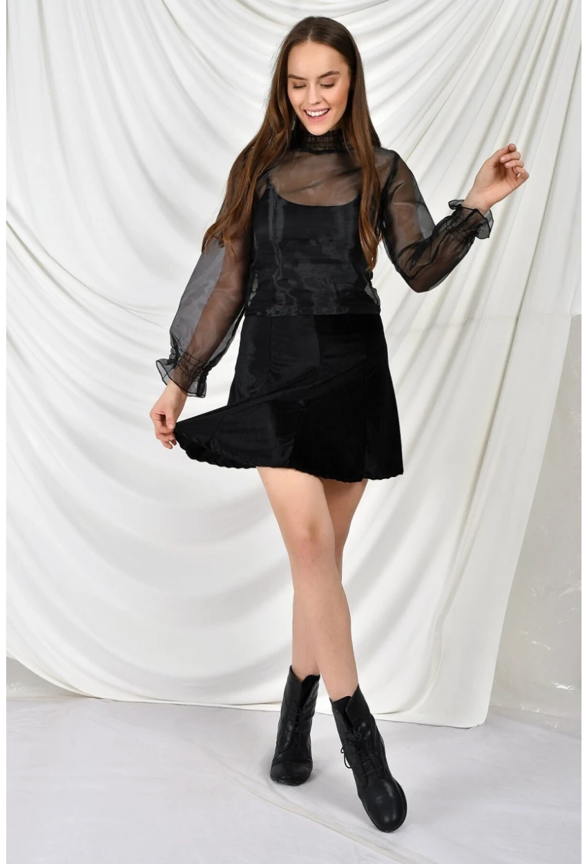 Kadife Parçalı Lastikli Kısa Etek