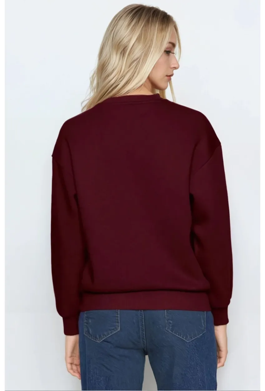 Kadın Basic Bordo Oversize Sweatshirt