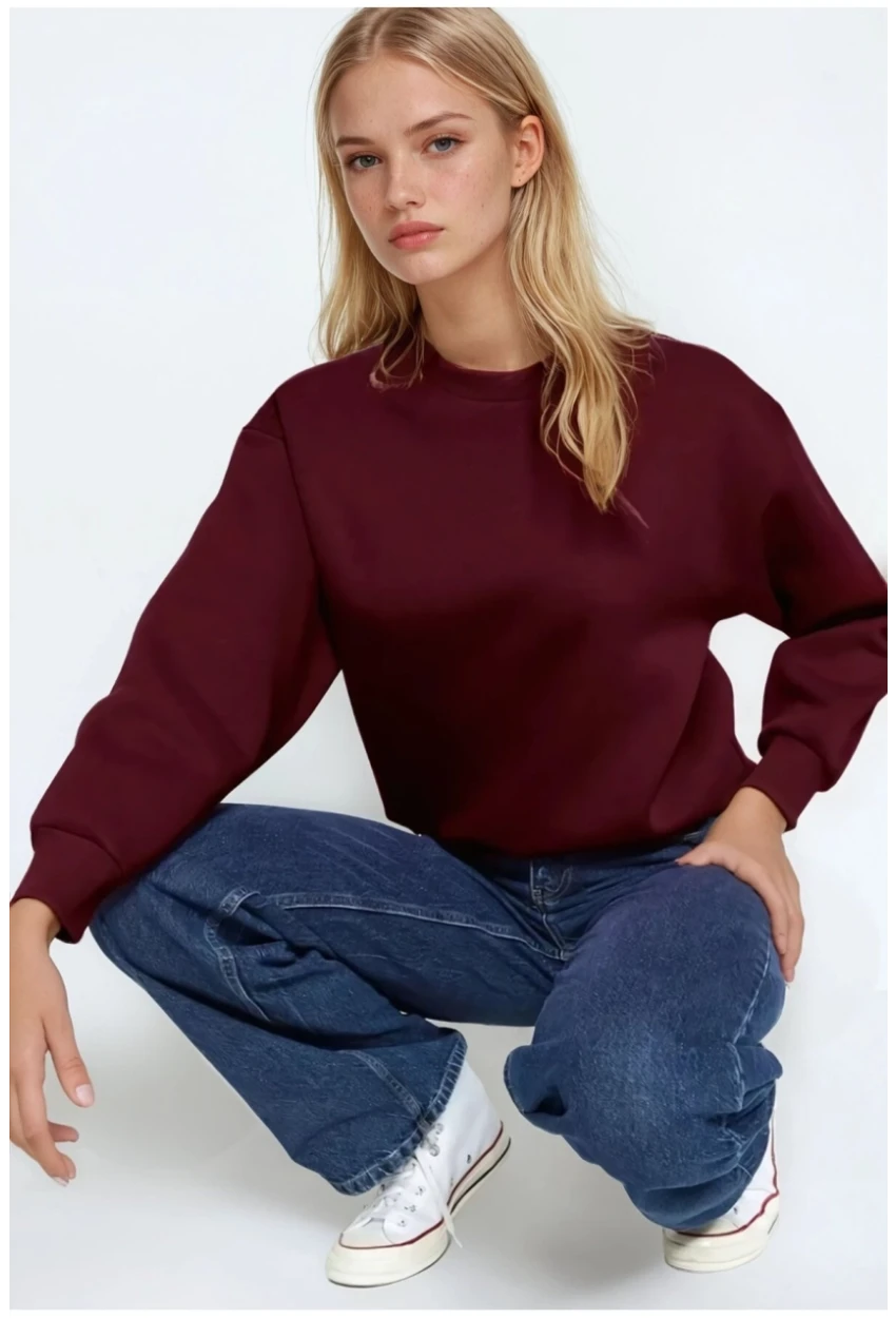 Kadın Basic Bordo Oversize Sweatshirt