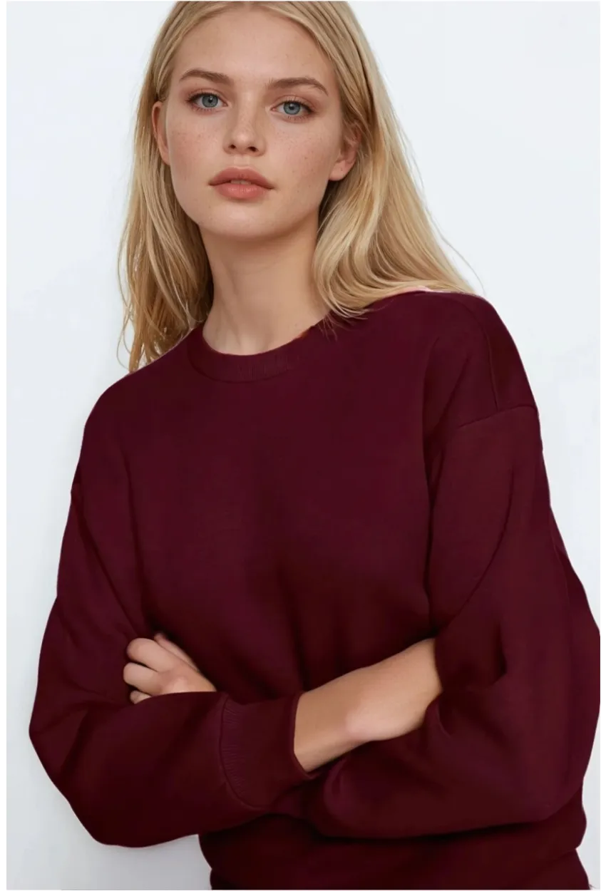 Kadın Basic Bordo Oversize Sweatshirt