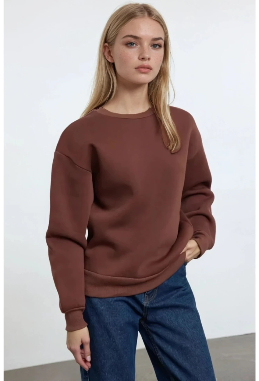 Kadın Basic Kahverengi Oversize Sweatshirt