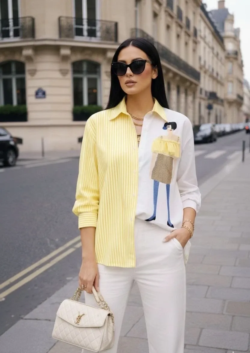 Kadın Baskılı Gömlek Çizgili Bloklu Gömlek Sarı