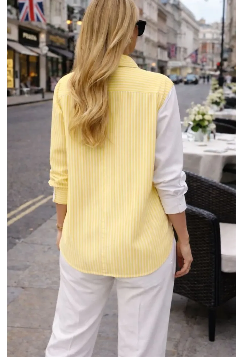 Kadın Baskılı Gömlek Çizgili Bloklu Gömlek Sarı