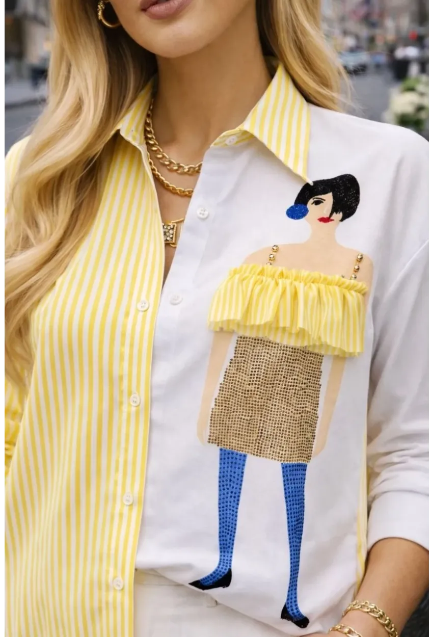 Kadın Baskılı Gömlek Çizgili Bloklu Gömlek Sarı