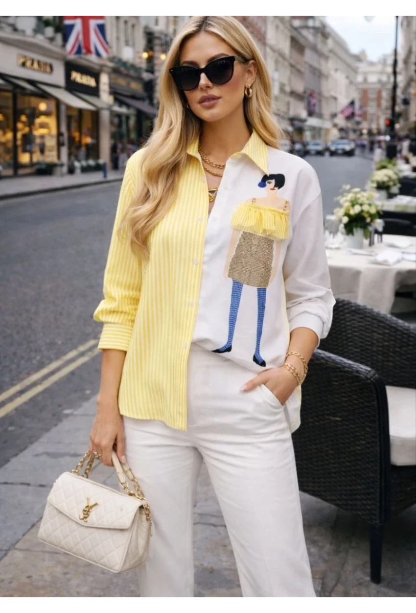 Kadın Baskılı Gömlek Çizgili Bloklu Gömlek Sarı