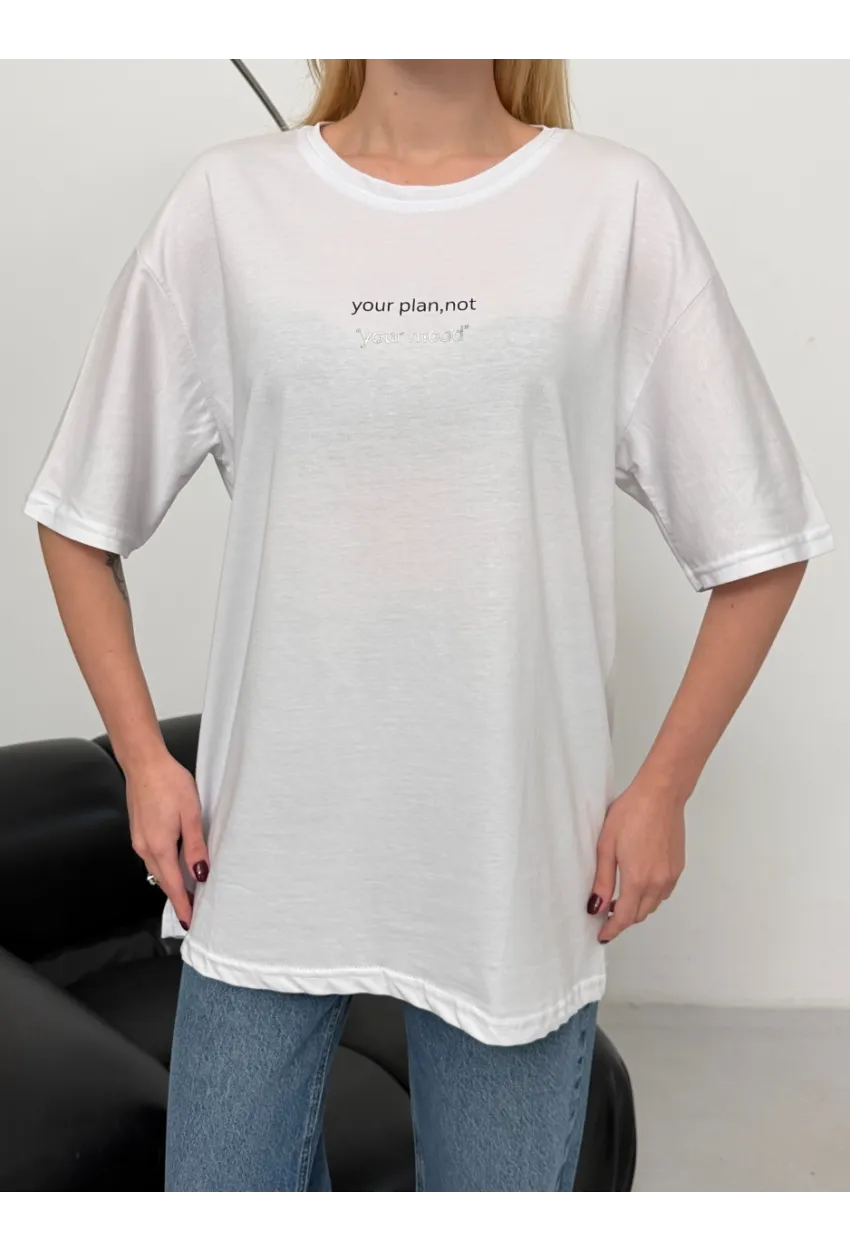 Kadın Baskılı Oversize Beyaz T-shirt