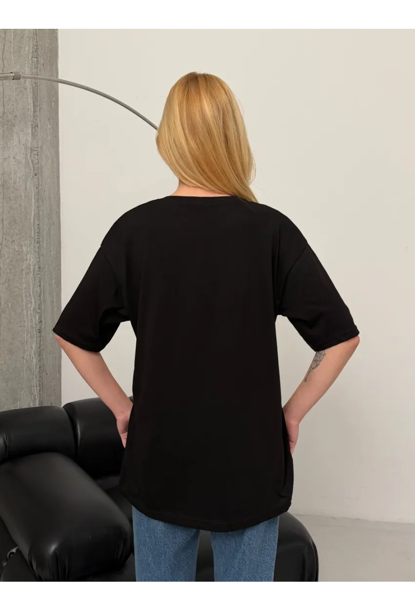 Kadın Baskılı Oversize T-Shirt Siyah