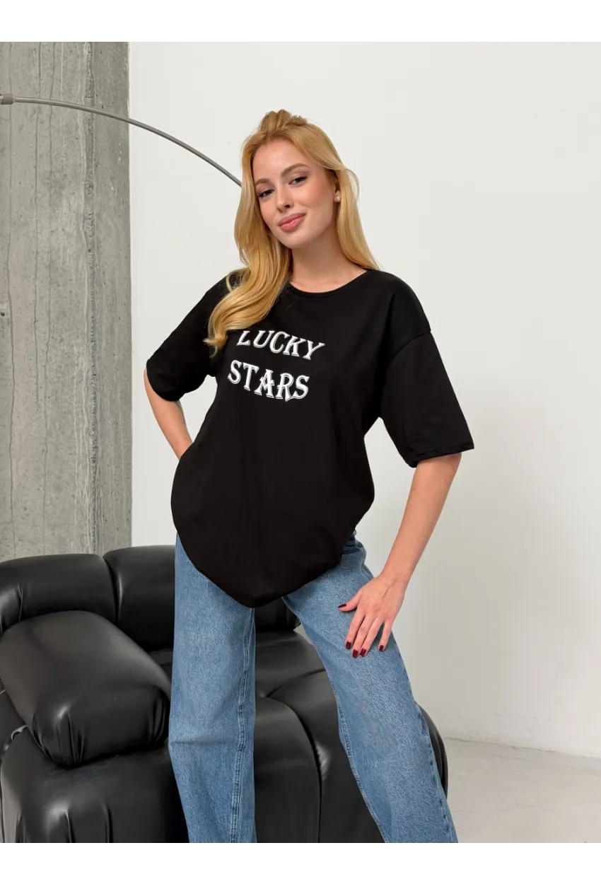 Kadın Baskılı Oversize T-Shirt Siyah