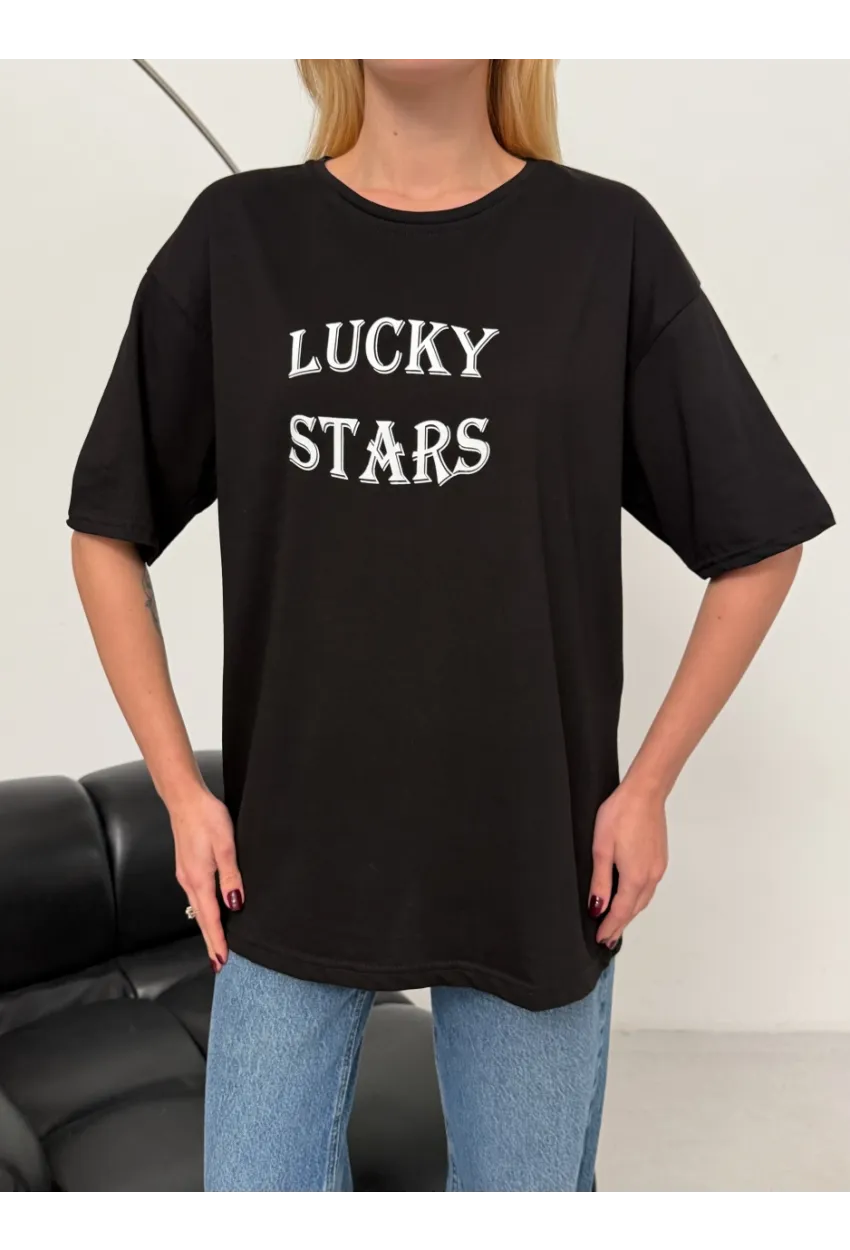 Kadın Baskılı Oversize T-Shirt Siyah