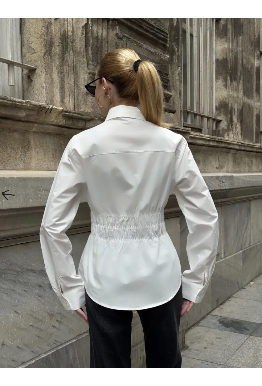 Kadın Bel Büzgülü Uzun Kollu Beyaz Gömlek