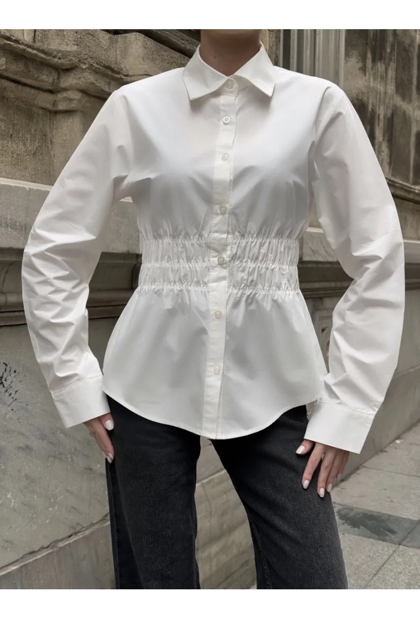 Kadın Bel Büzgülü Uzun Kollu Beyaz Gömlek