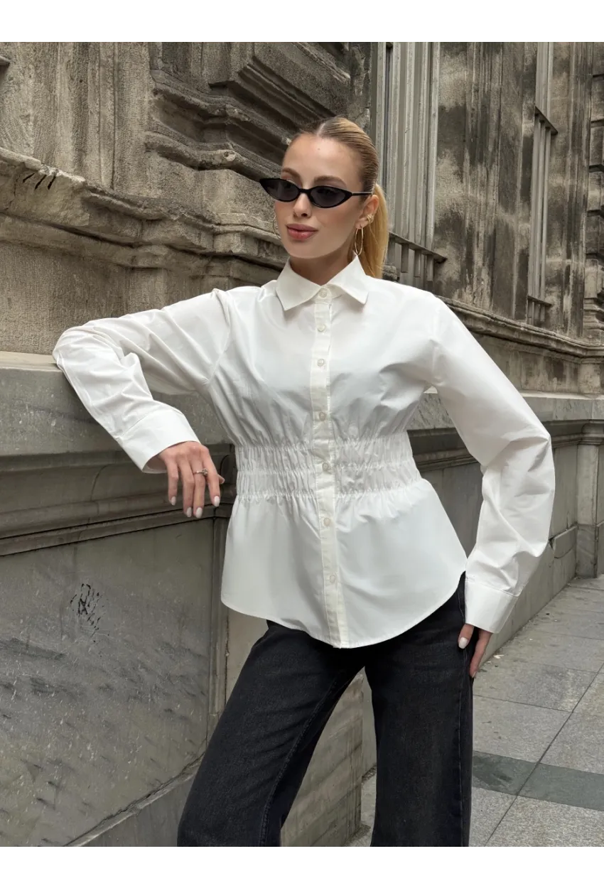 Kadın Bel Büzgülü Uzun Kollu Beyaz Gömlek