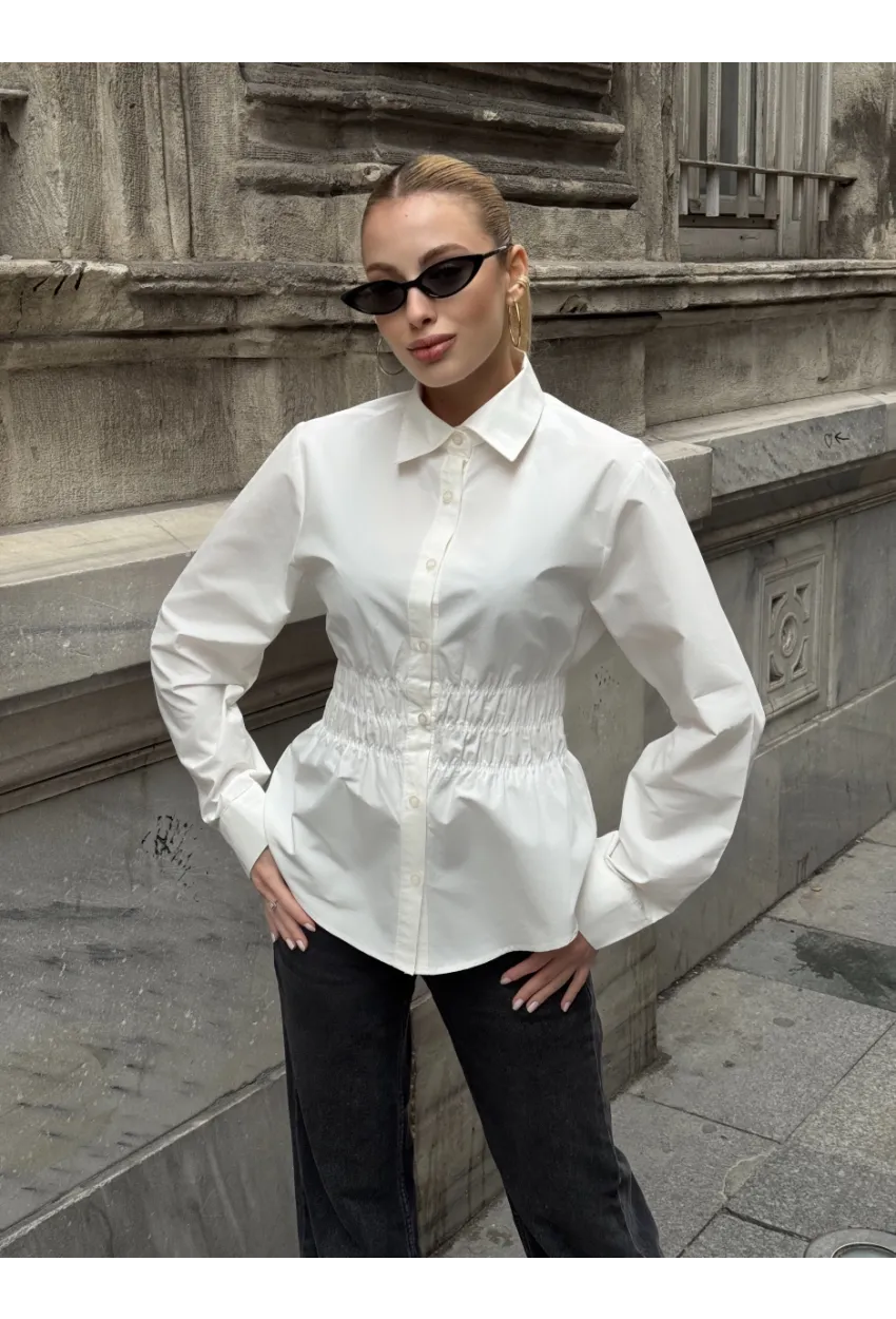 Kadın Bel Büzgülü Uzun Kollu Beyaz Gömlek