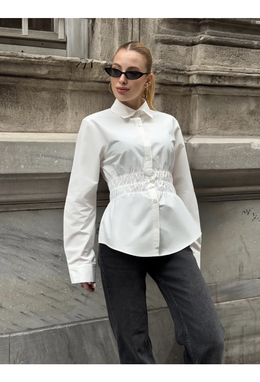 Kadın Bel Büzgülü Uzun Kollu Beyaz Gömlek