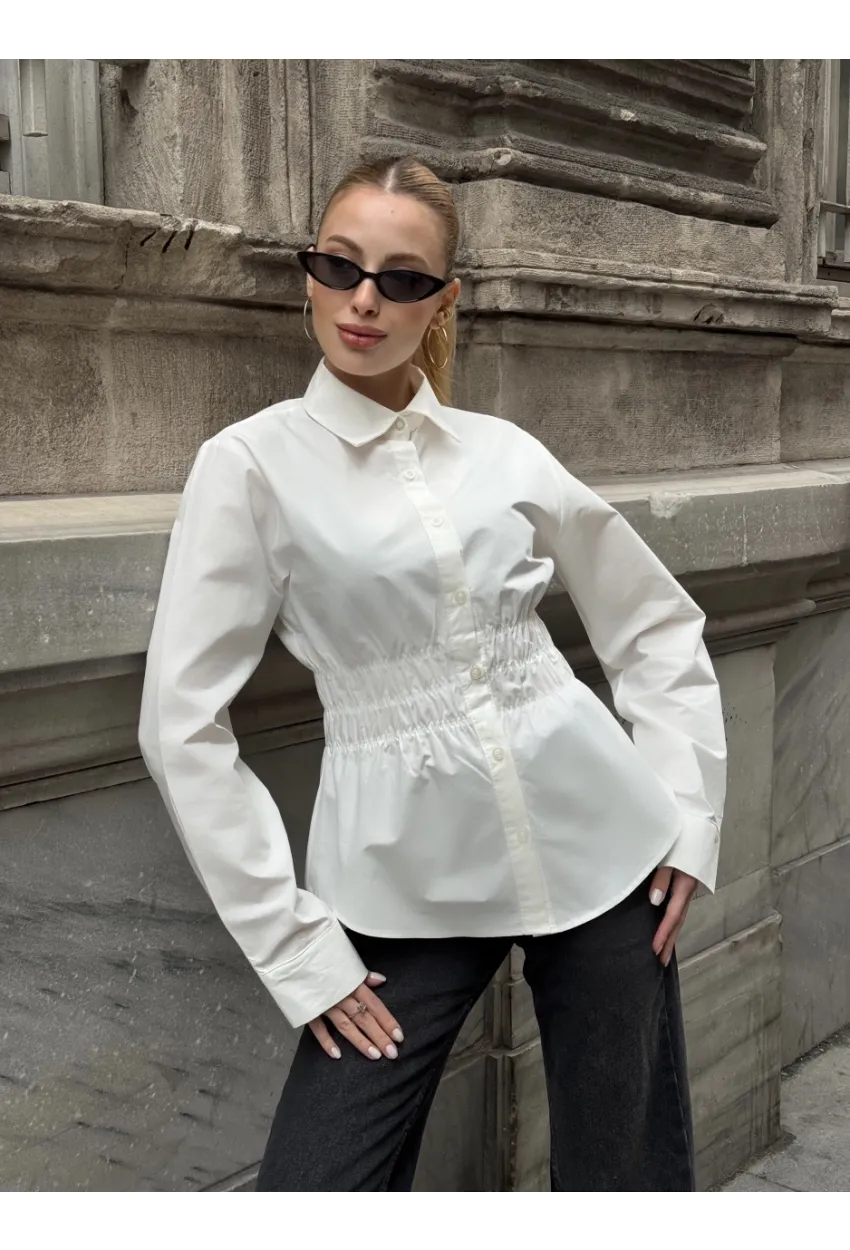 Kadın Bel Büzgülü Uzun Kollu Beyaz Gömlek