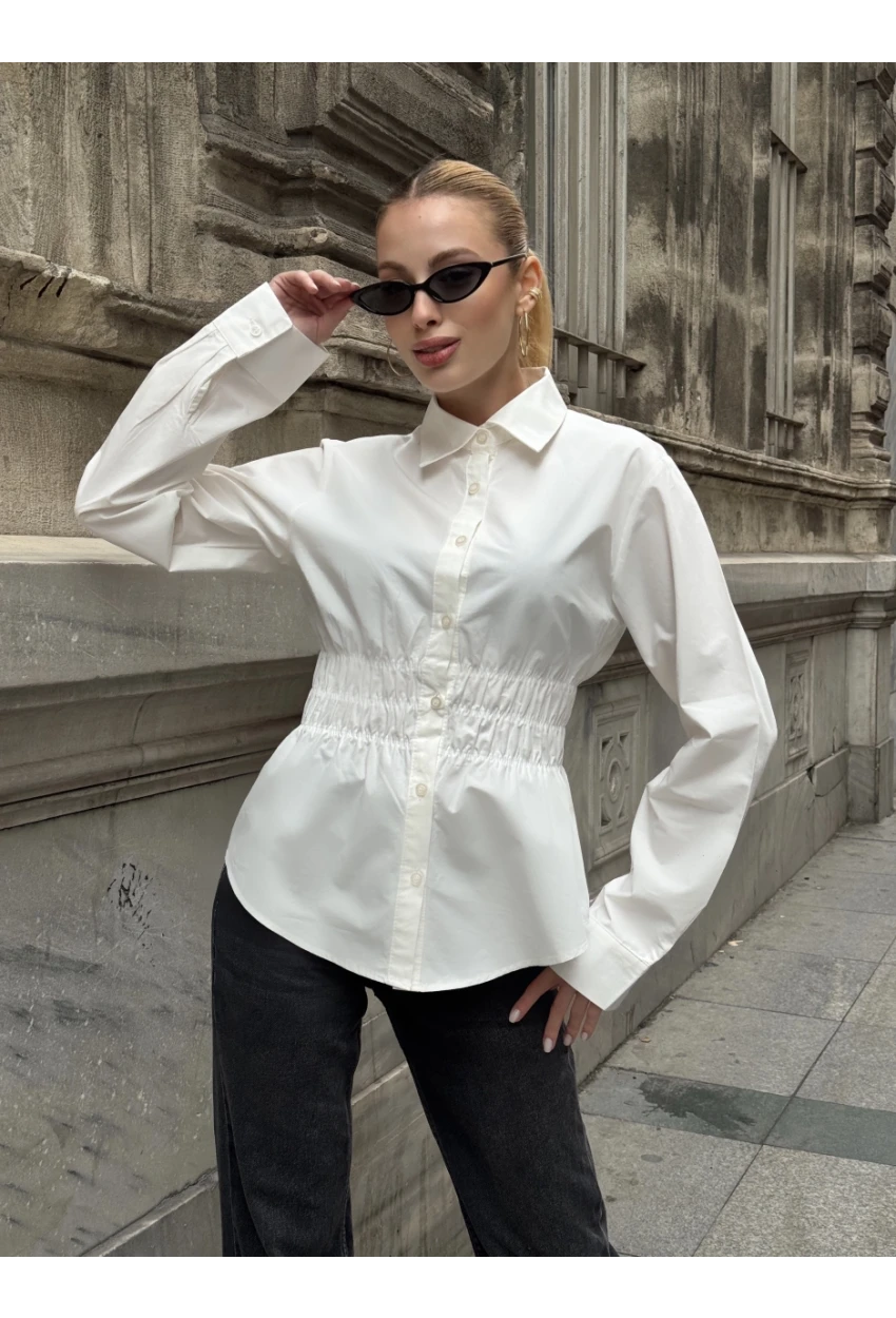 Kadın Bel Büzgülü Uzun Kollu Beyaz Gömlek