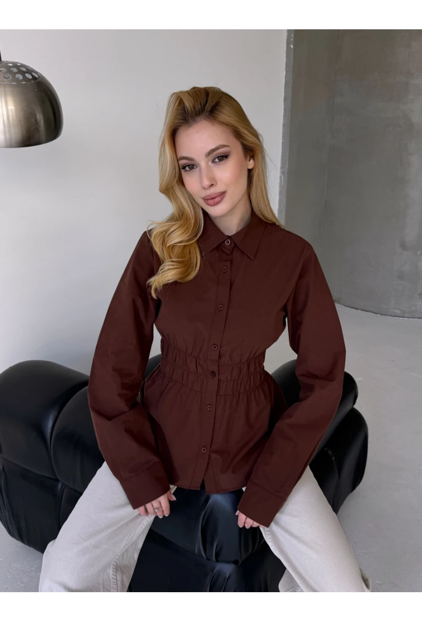 Kadın Bel Büzgülü Uzun Kollu Kahve Gömlek