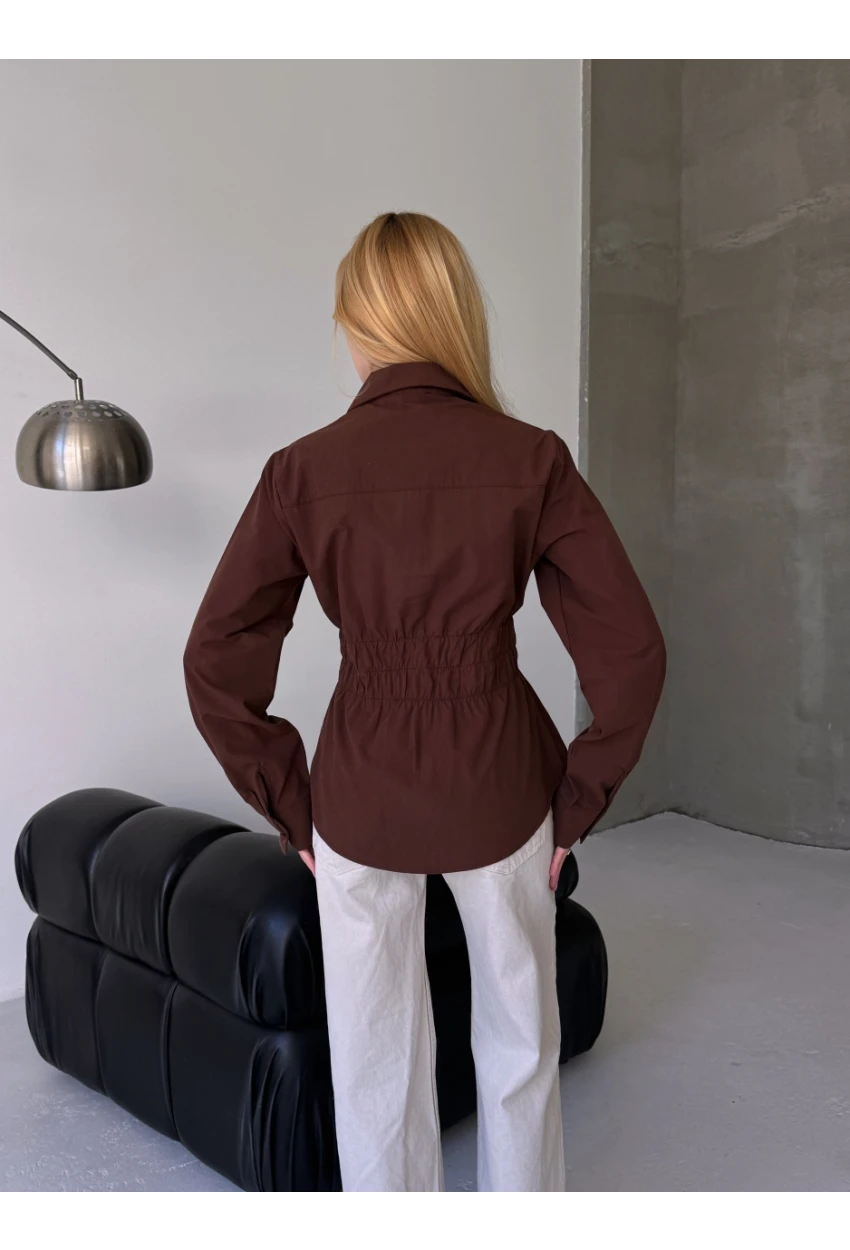 Kadın Bel Büzgülü Uzun Kollu Kahve Gömlek