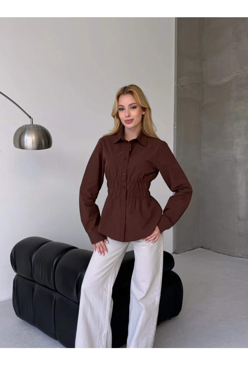 Kadın Bel Büzgülü Uzun Kollu Kahve Gömlek