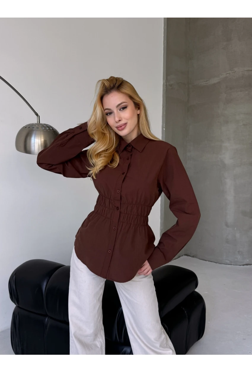 Kadın Bel Büzgülü Uzun Kollu Kahve Gömlek