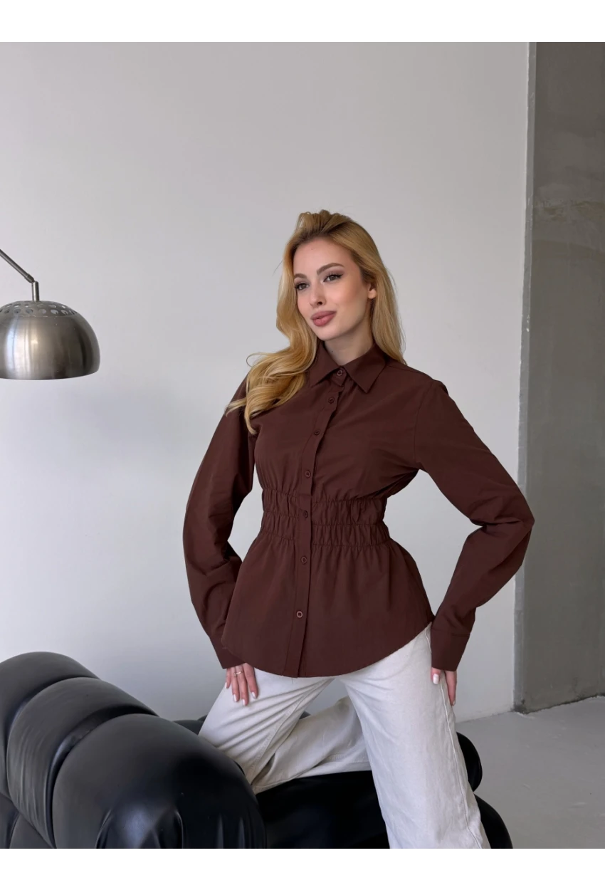 Kadın Bel Büzgülü Uzun Kollu Kahve Gömlek