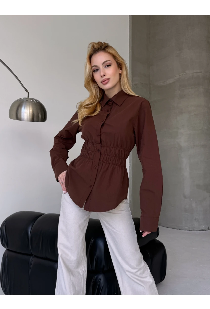 Kadın Bel Büzgülü Uzun Kollu Kahve Gömlek